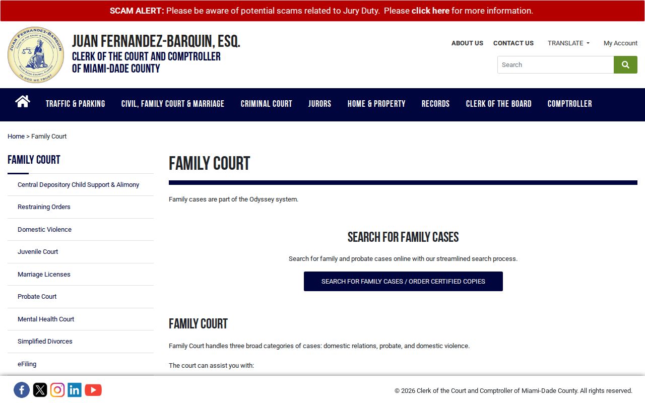 Miami-Dade family and probate records page used after a Miami Lakes directory search
