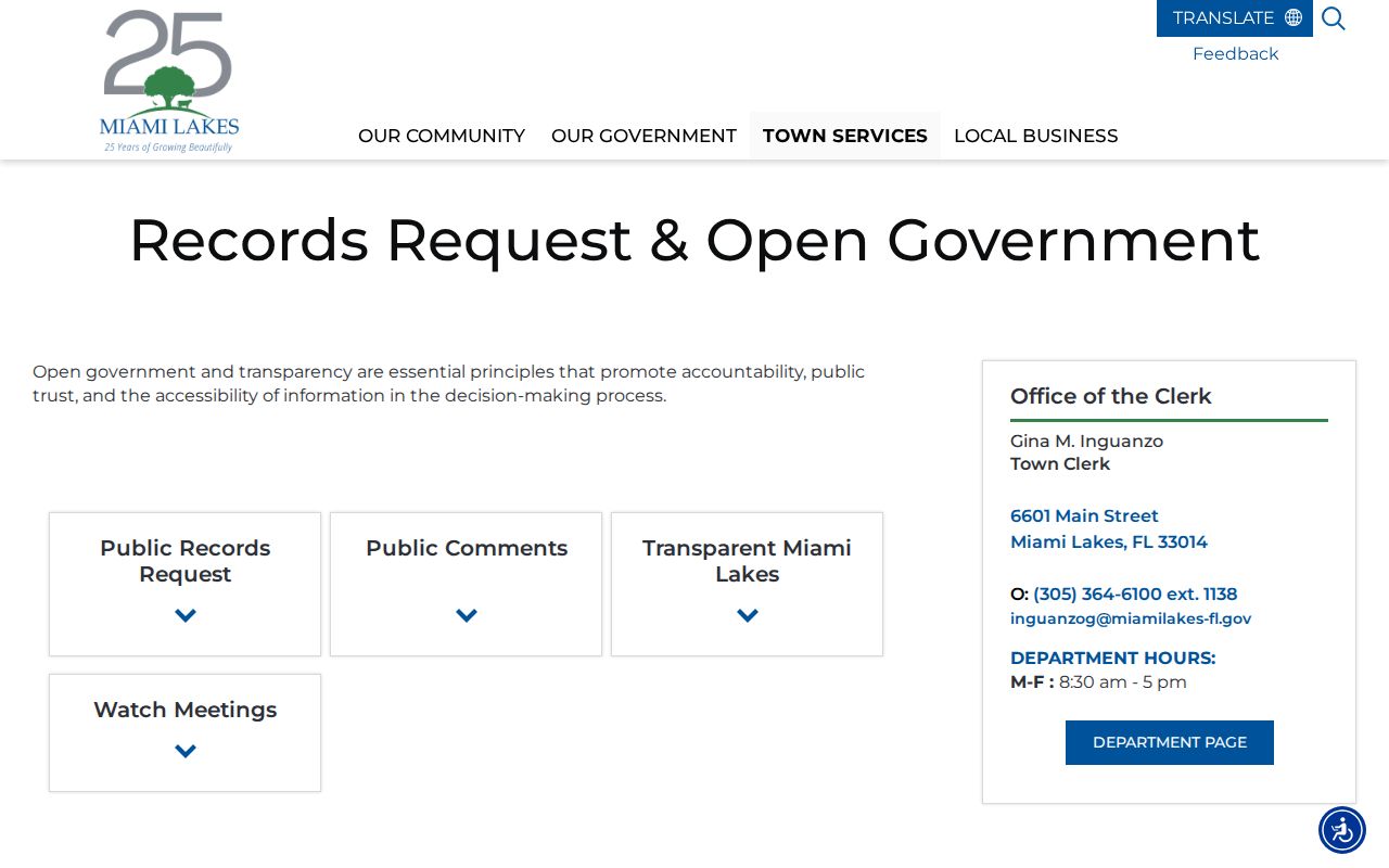Miami Lakes residents directory Town records request