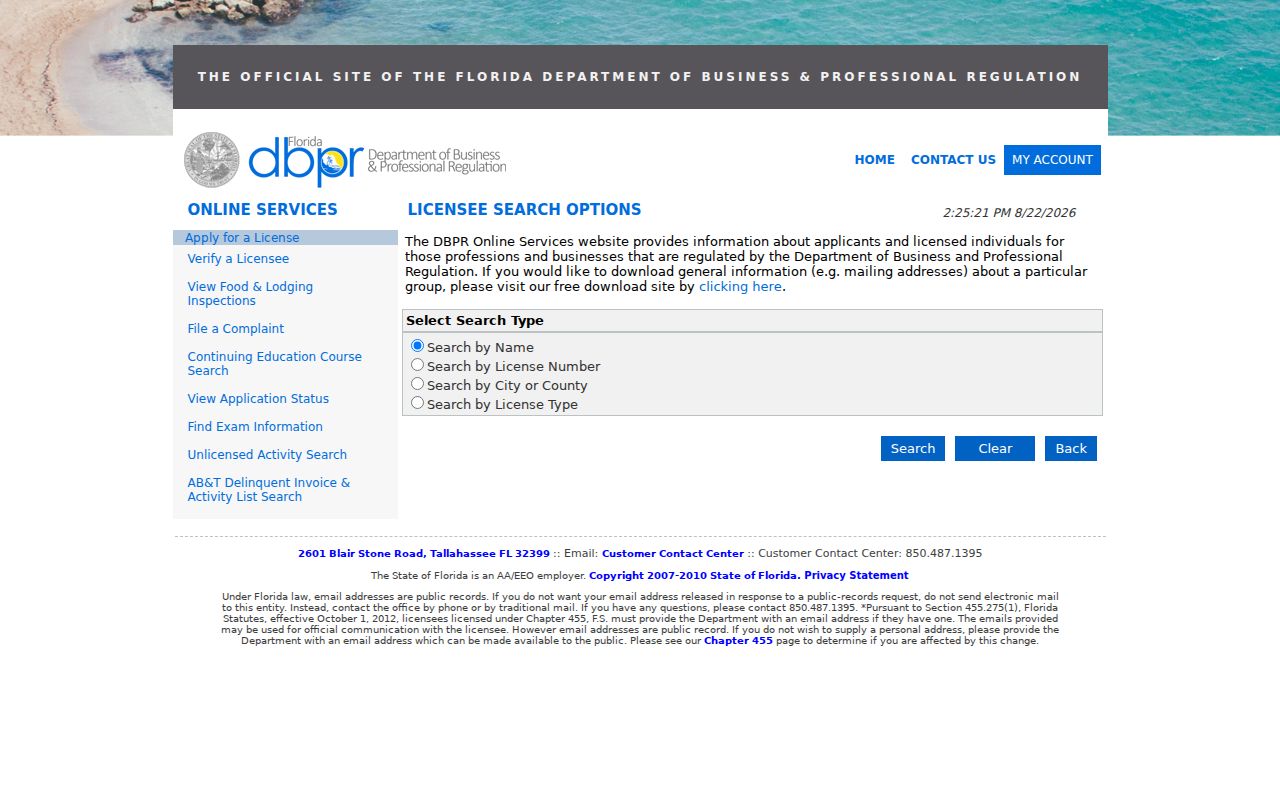 Florida DBPR official license lookup page used for status verification