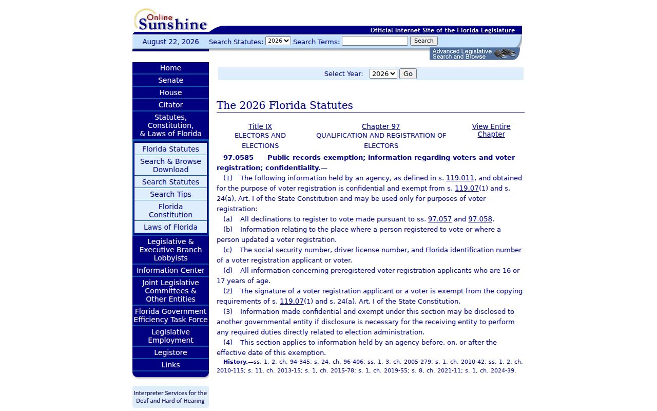 Florida voter information privacy statute governing protected registration fields