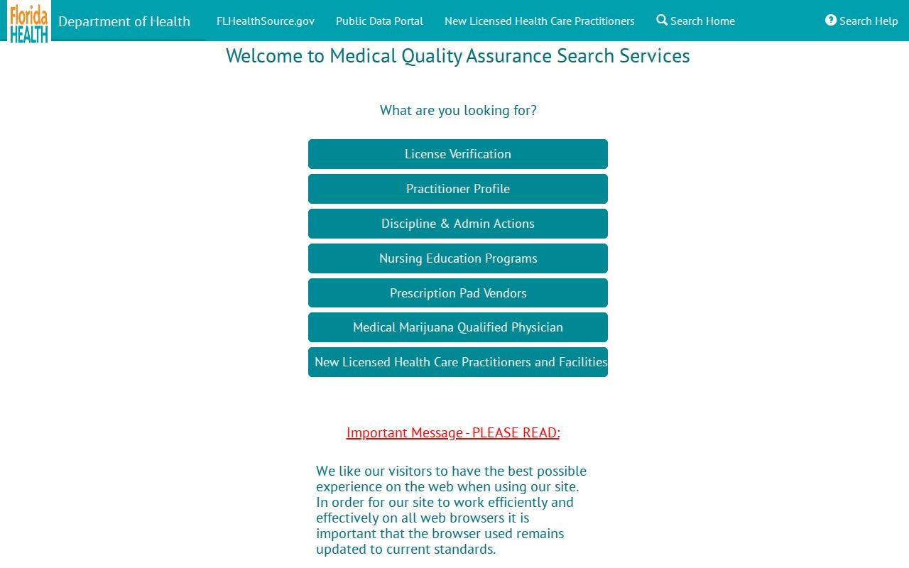 Florida health practitioner license search interface