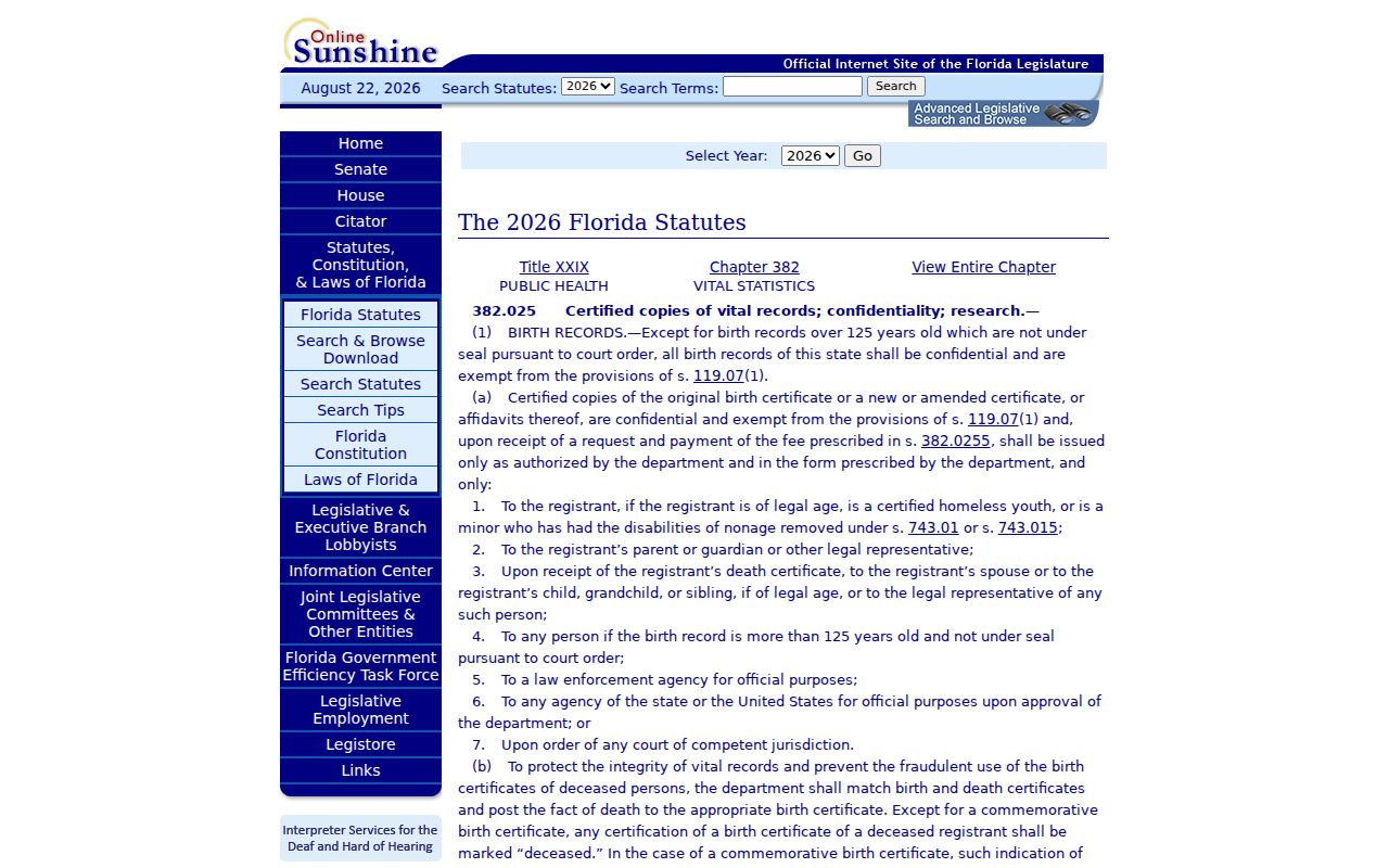 Florida vital records access statute for historical birth and death information