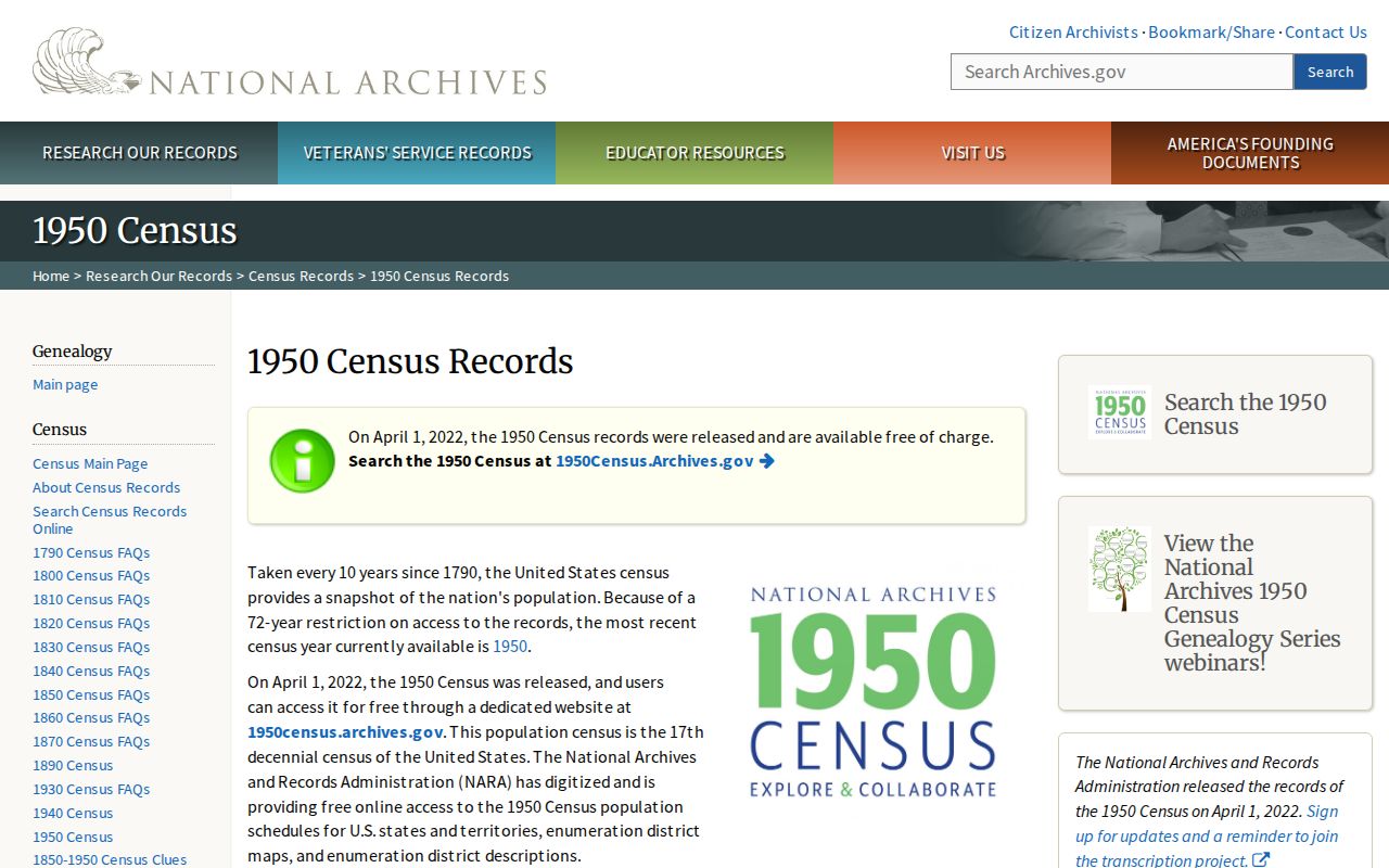 National Archives 1950 Census search page for historical households
