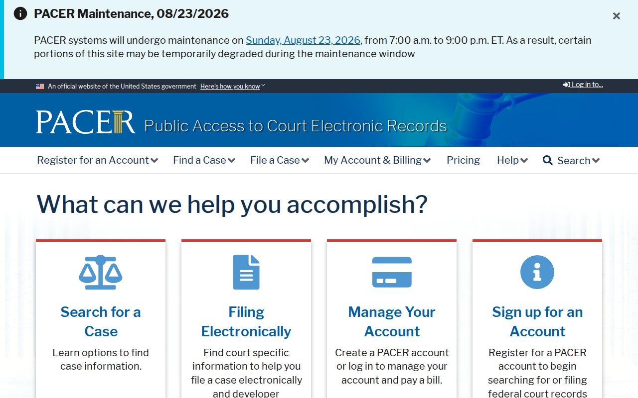PACER federal court records entry page for a separate historical research channel