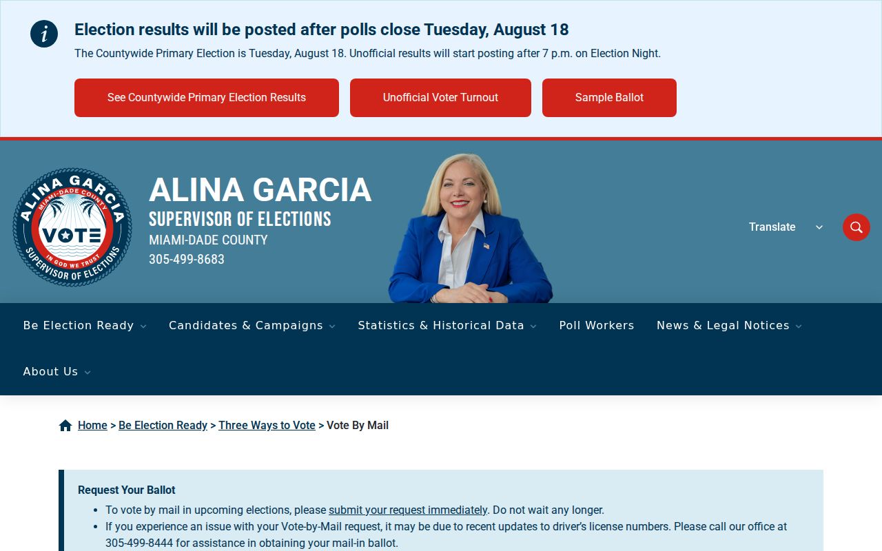 Miami-Dade voter information screen for a Miami Lakes lookup
