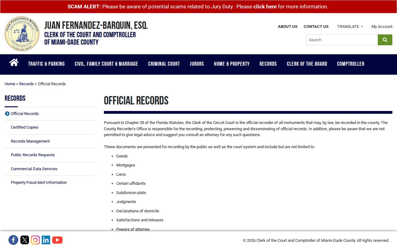 Miami-Dade Clerk Official Records page for a Miami Lakes deed search
