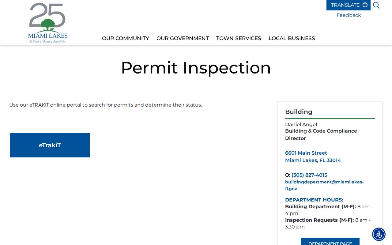 Town of Miami Lakes permit and inspection portal searched by address