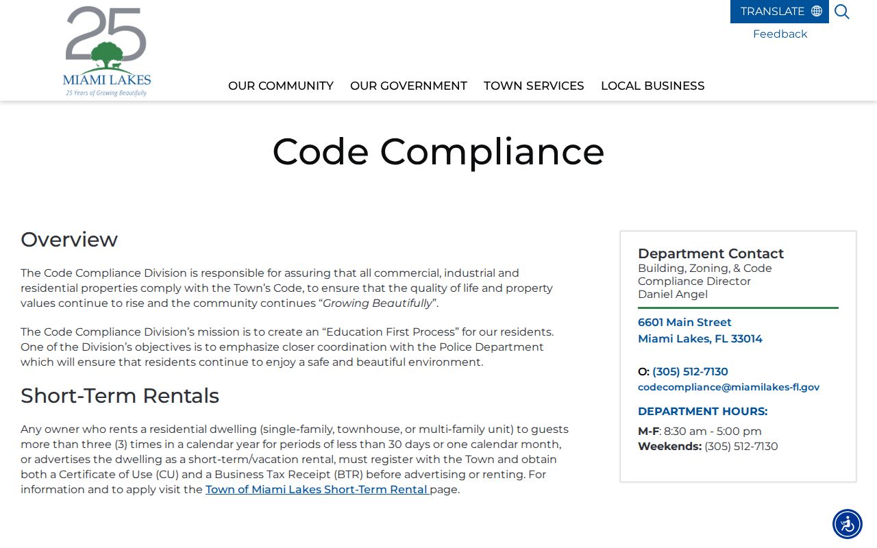 Miami Lakes Code Compliance address records page