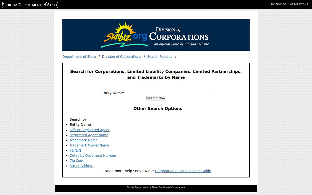 Sunbiz entity search used after a Miami Lakes ZIP code search