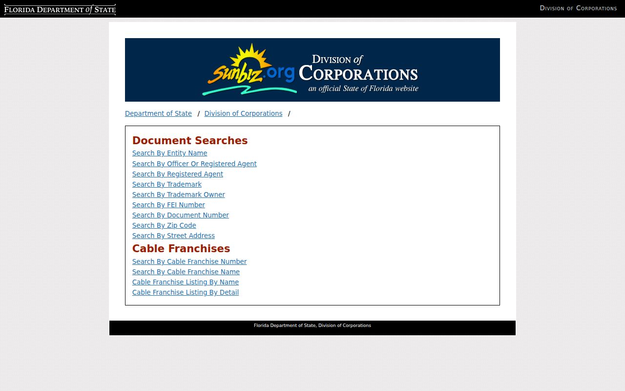 Sunbiz search modes for a Miami Lakes ZIP code directory search